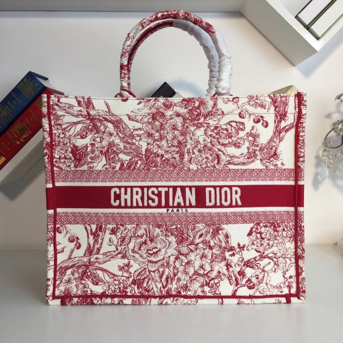 Dior Book Tote Bag In Red Hydrangea Flowers Canvas High Quality Replica